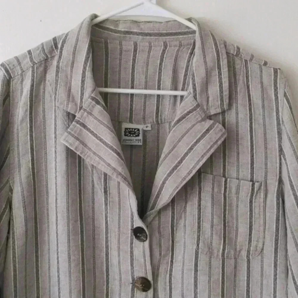 Vintage Women Small Johnny Was Shirt Jacket Gray Cream Striped Linen Casual - Picture 3 of 8